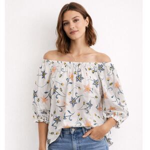 NWT CeCe Blouse Women's Size M White Multicolor Puff Sleeves Floral Casual